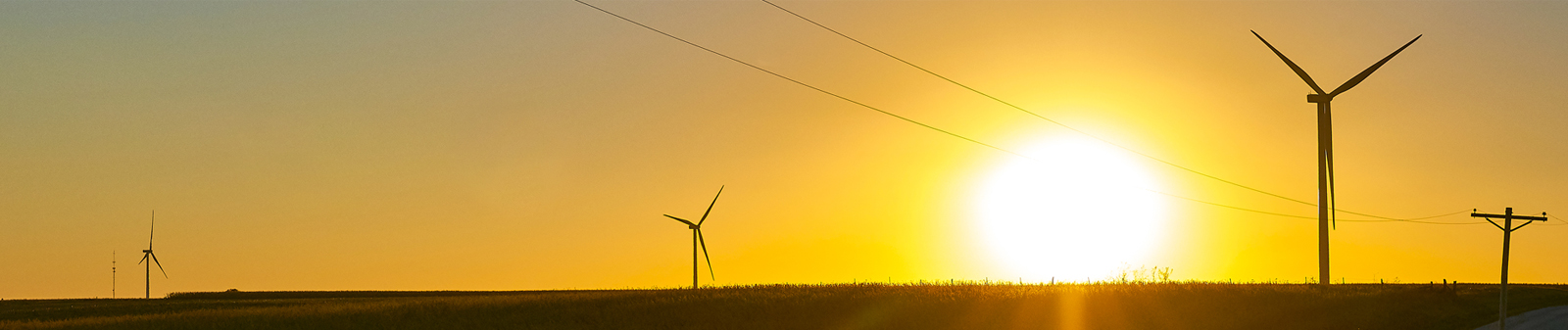 wind turbines and utiltiy lines silhouetted in sunset